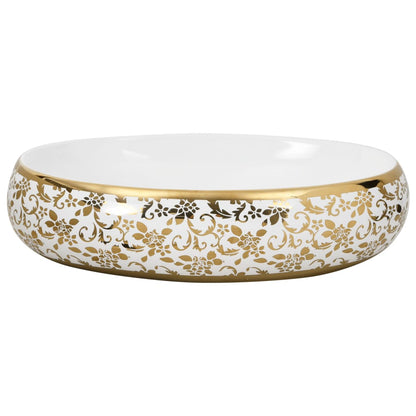 Lavabo da Appoggio Bianco e Oro Ovale 59x40x15 cm Ceramica