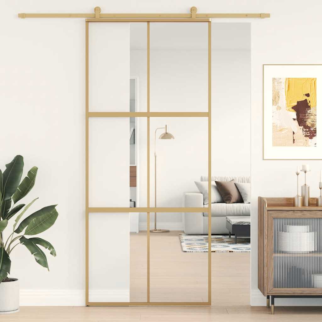 Porta Scorrevole Dorata 90x205 Vetro Trasparente ESG Alluminio | homemem39