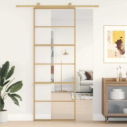 Porta Scorrevole Dorata 76x205 Vetro Trasparente ESG Alluminio | homemem39