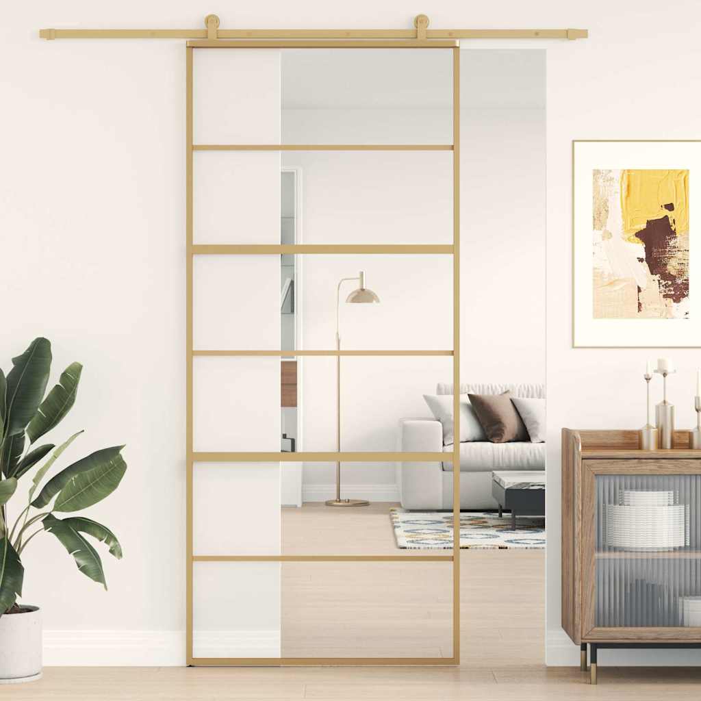 Porta Scorrevole Dorata 90x205 Vetro Trasparente ESG Alluminio | homemem39