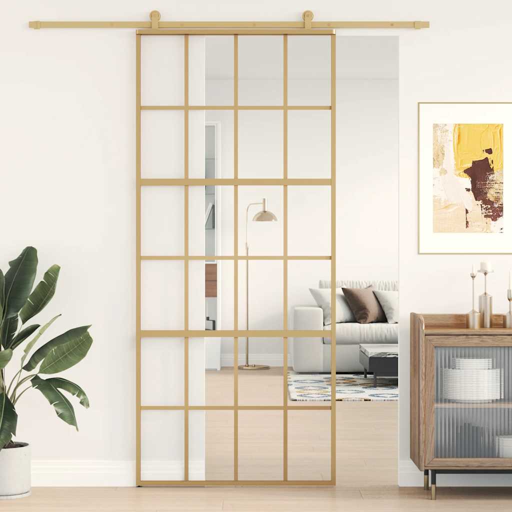 Porta Scorrevole Dorata 90x205 Vetro Trasparente ESG Alluminio | homemem39
