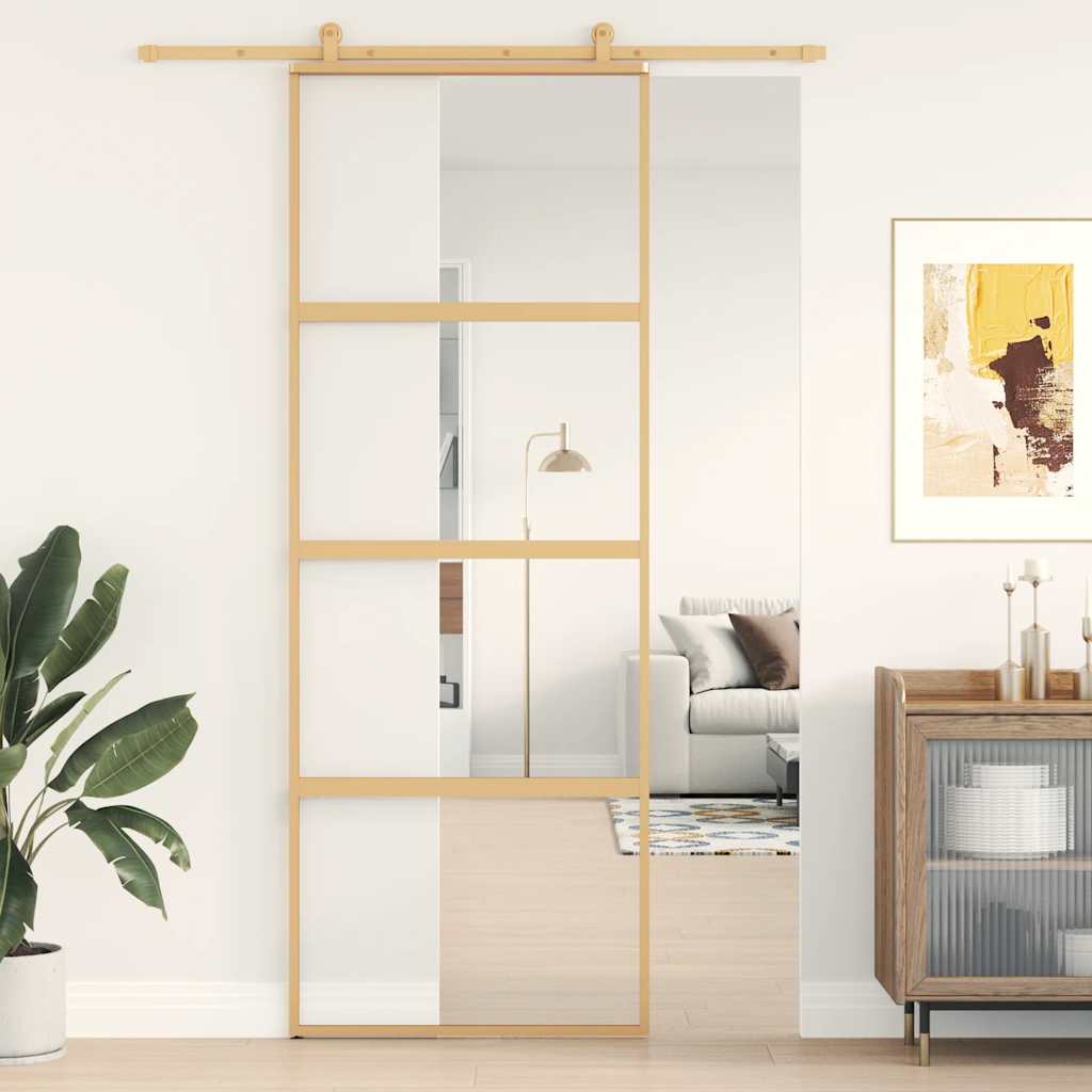 Porta Scorrevole Dorata 76x205 Vetro Trasparente ESG Alluminio | homemem39