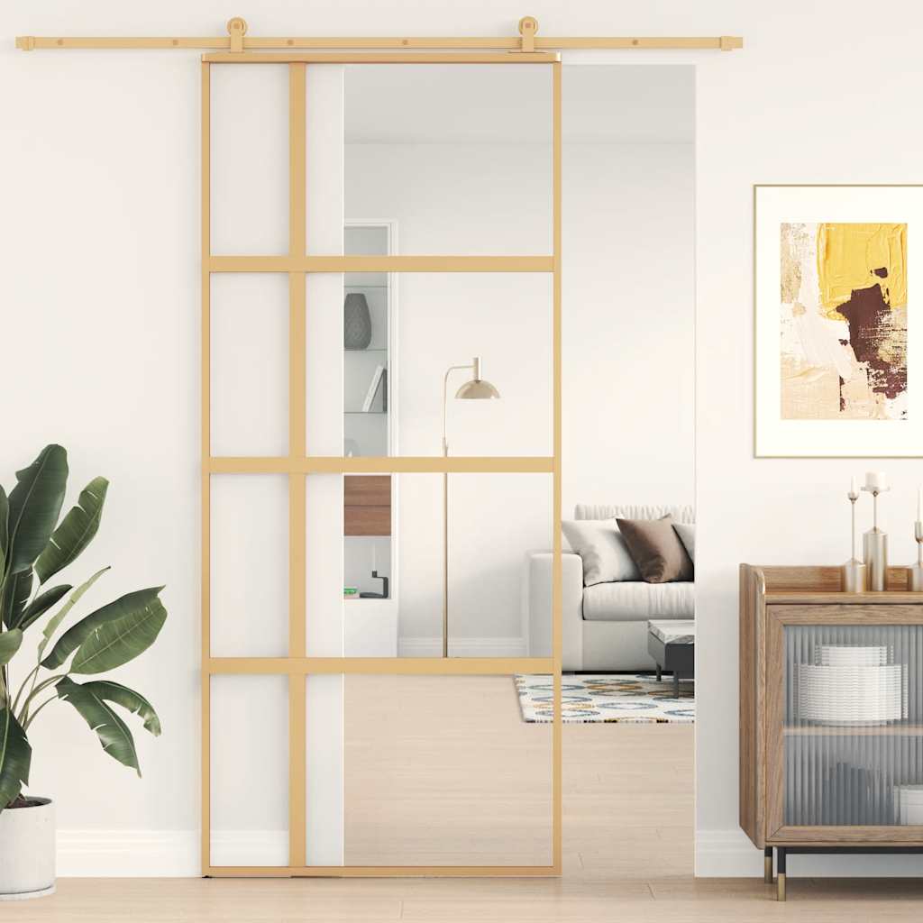 Porta Scorrevole Dorata 90x205 Vetro Trasparente ESG Alluminio | homemem39