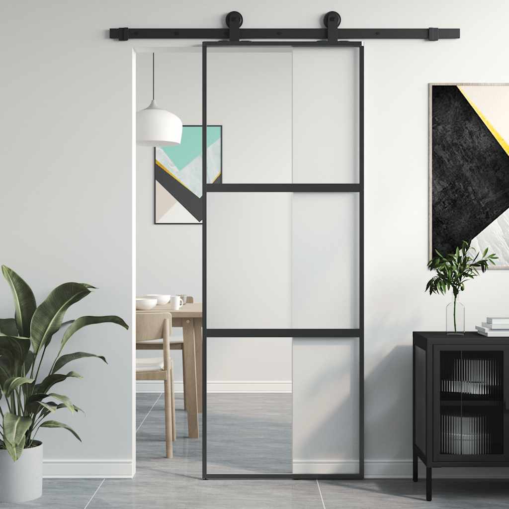 Porta Scorrevole Nera 76x205 cm in Vetro Temperato e Alluminio | homemem39