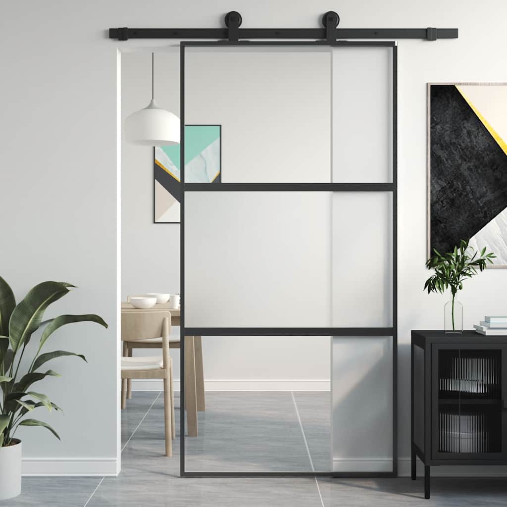 Porta Scorrevole Nera 102,5x205 cm Vetro Temperato e Alluminio | homemem39