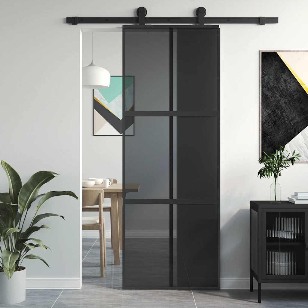 Porta Scorrevole Nera 76x205 cm in Vetro Temperato e Alluminio | homemem39