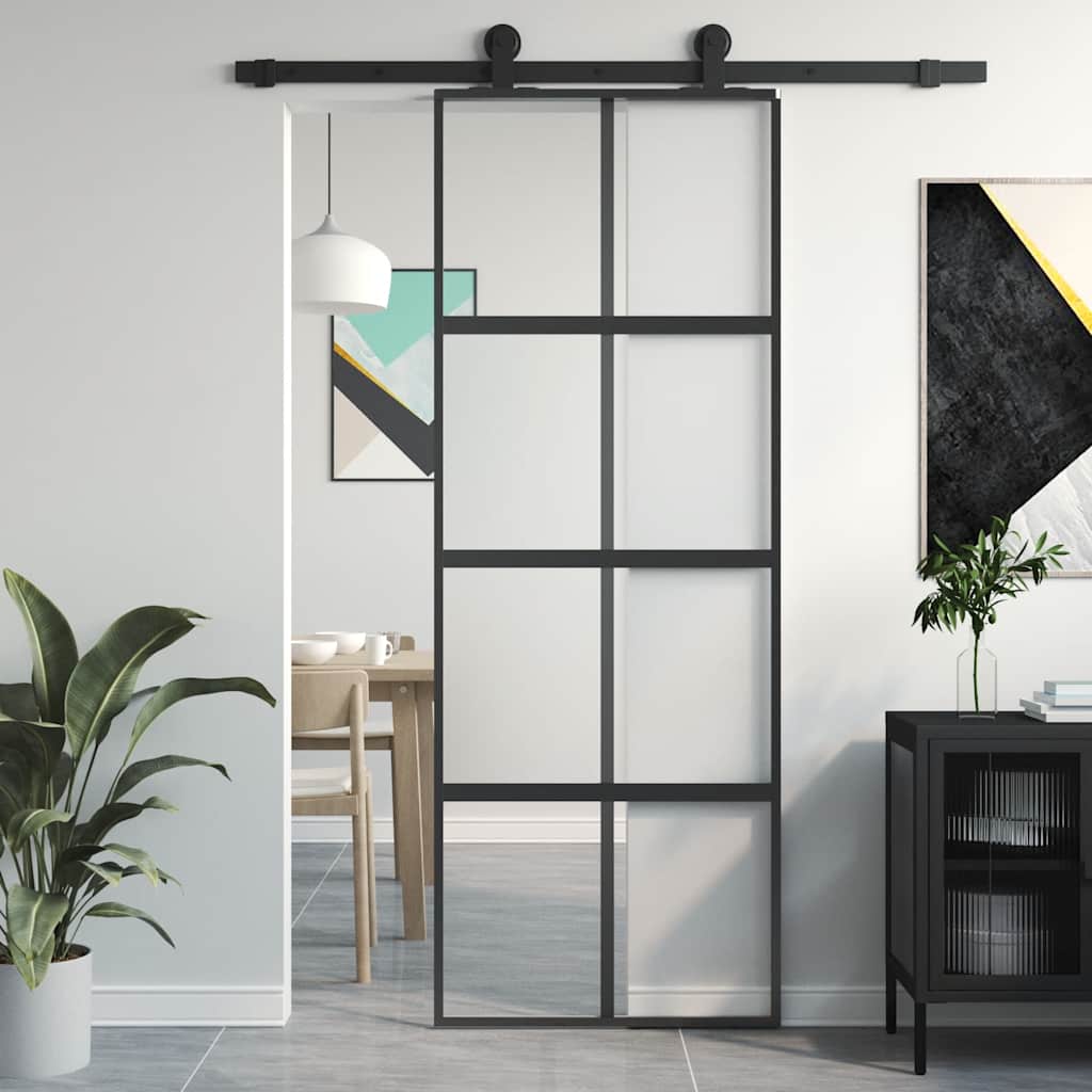 Porta Scorrevole Nera 76x205 cm in Vetro Temperato e Alluminio | homemem39