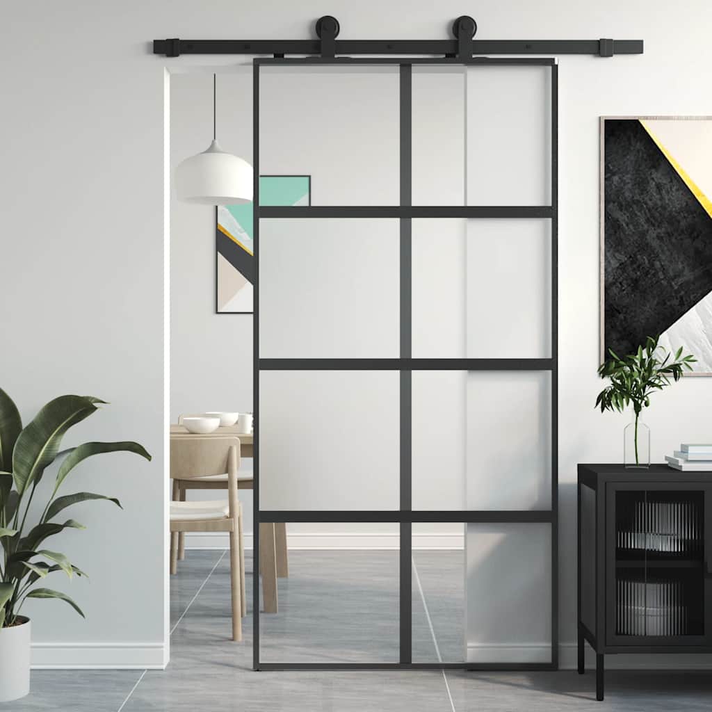 Porta Scorrevole Nera 102,5x205 cm Vetro Temperato e Alluminio | homemem39
