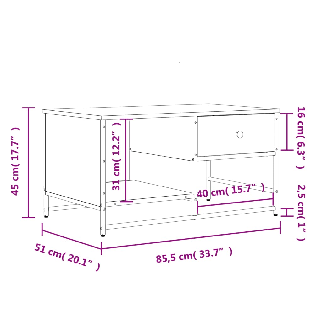 Tavolino da Salotto Rovere Fumo 85,5x51x45 cm Legno Multistrato