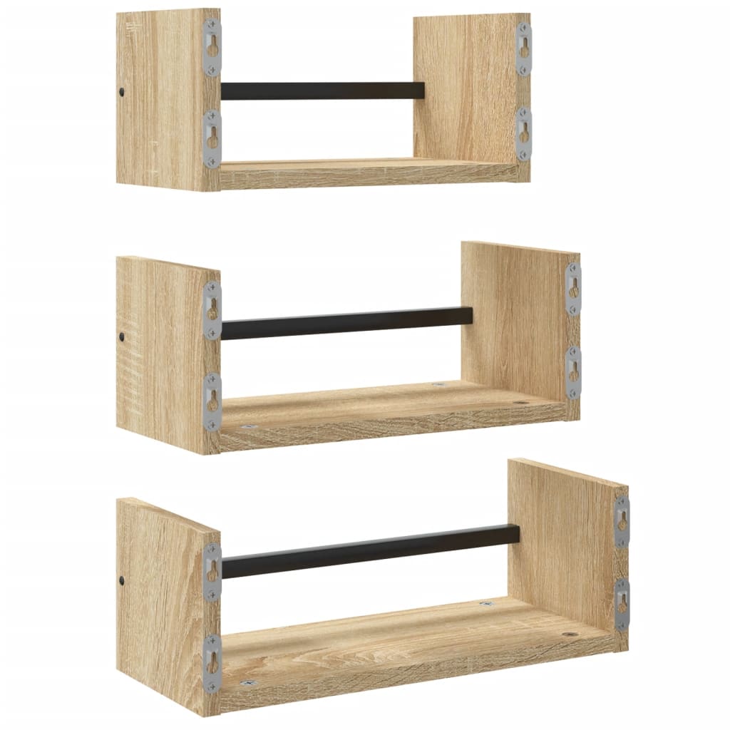Set di 3 mensole da parete con barre in rovere Sonoma, legno ingegnerizzato | homemem39