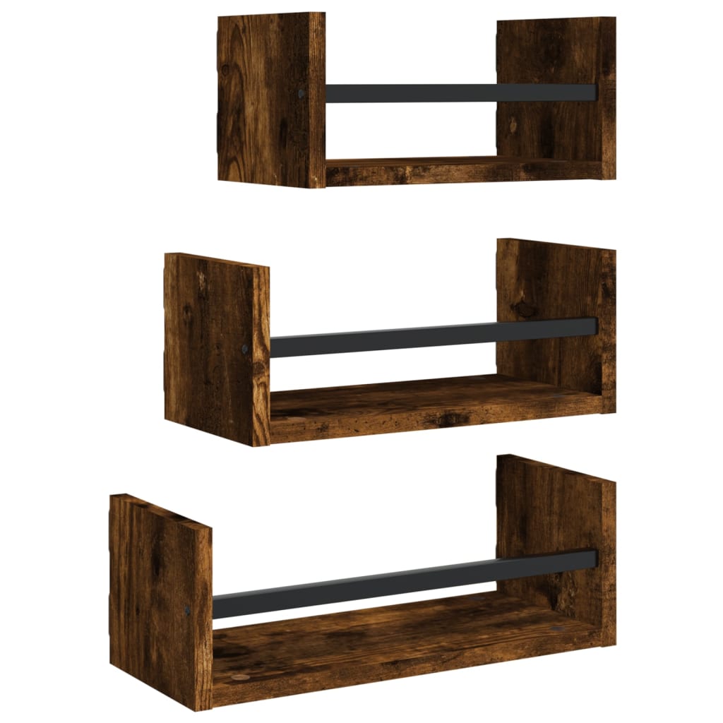Set Mensole Parete con Aste 3pz Rovere Fumo Legno Multistrato | homemem39
