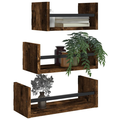 Set Mensole Parete con Aste 3pz Rovere Fumo Legno Multistrato | homemem39