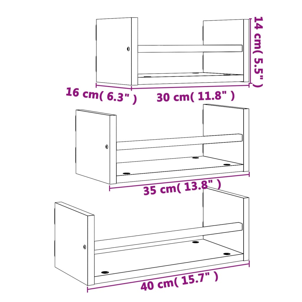 Set Mensole Parete con Aste 3pz Rovere Fumo Legno Multistrato