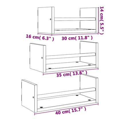 Set Mensole Parete con Aste 3pz Rovere Fumo Legno Multistrato
