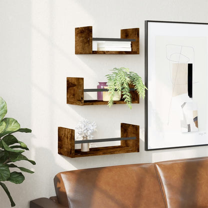 Set Mensole Parete con Aste 3pz Rovere Fumo Legno Multistrato