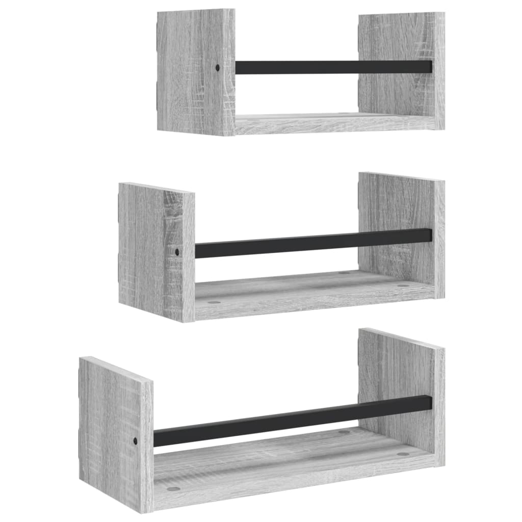 Set Mensole Parete con Aste 3pz Grigio Sonoma Legno Multistrato | homemem39