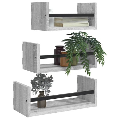 Set Mensole Parete con Aste 3pz Grigio Sonoma Legno Multistrato | homemem39