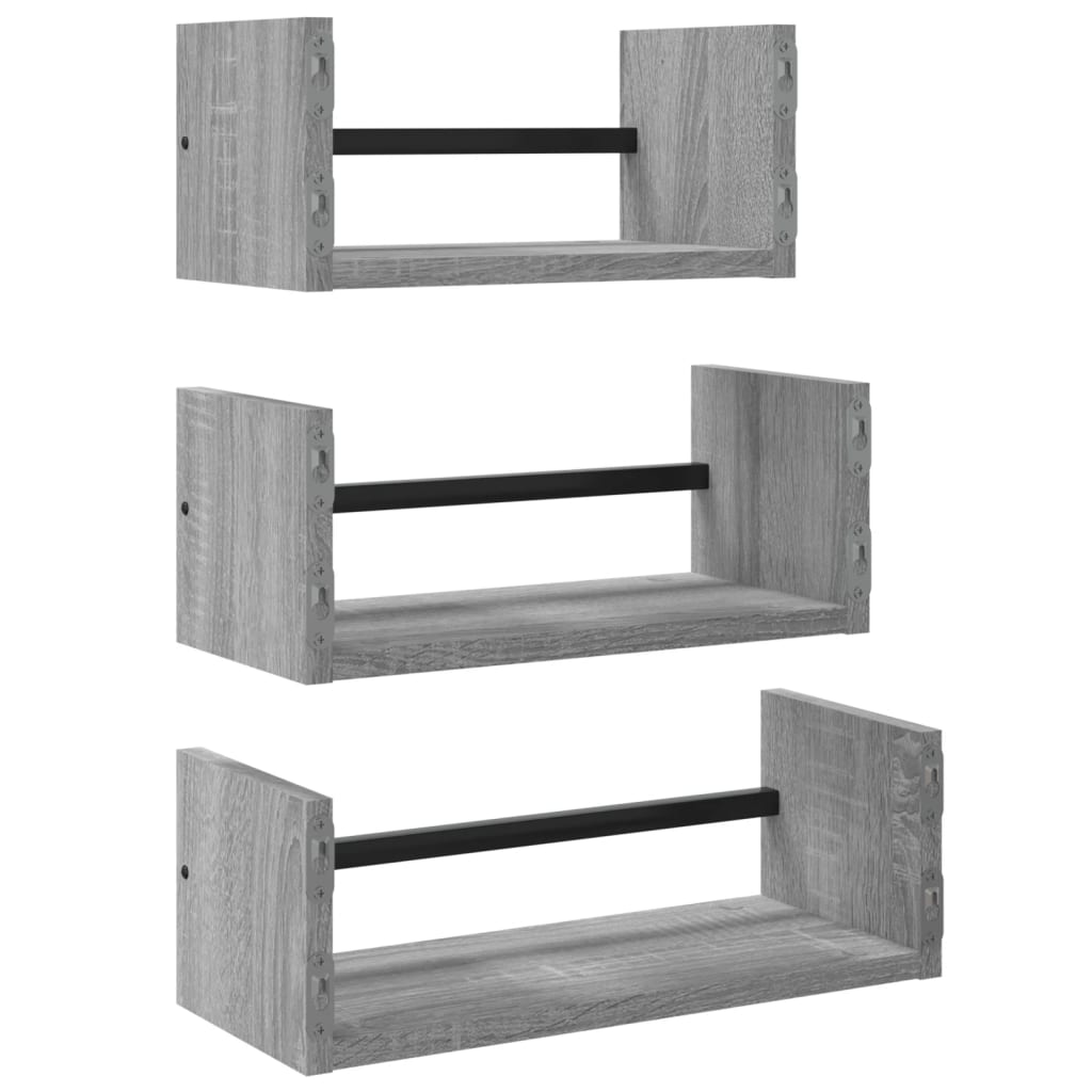 Set Mensole Parete con Aste 3pz Grigio Sonoma Legno Multistrato | homemem39