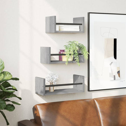 Set Mensole Parete con Aste 3pz Grigio Sonoma Legno Multistrato | homemem39