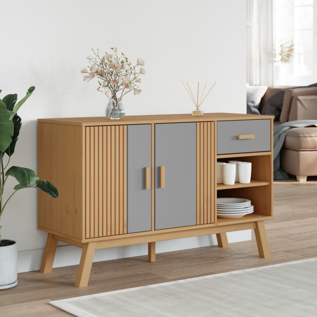 Credenza OLDEN Grigia e Marrone 114x43x73,5 cm Massello di Pino