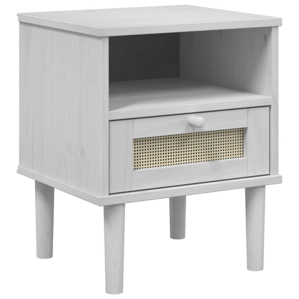 Comodino SENJA Bianco Aspetto Rattan 40x35x48 cm in Legno Pino - homemem39