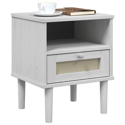 Comodino SENJA Bianco Aspetto Rattan 40x35x48 cm in Legno Pino - homemem39