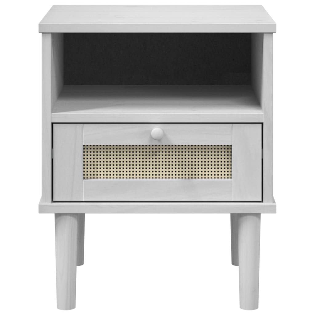 Comodino SENJA Bianco Aspetto Rattan 40x35x48 cm in Legno Pino - homemem39