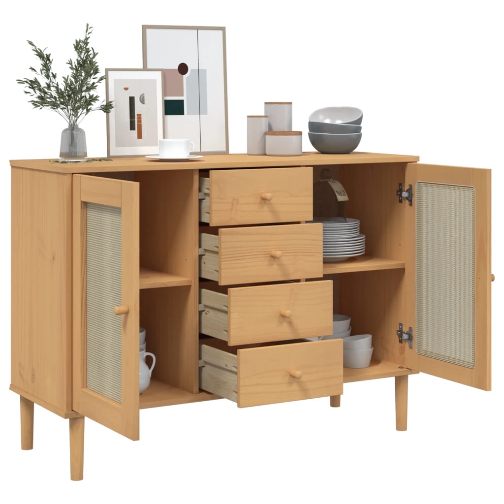 Credenza SENJA Aspetto Rattan 112x40x80 cm Legno Massello Pino