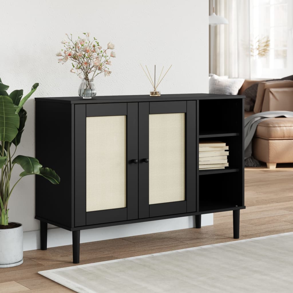 Credenza SENJA Aspetto Rattan Nero 112x40x80 cm Massello Pino | homemem39