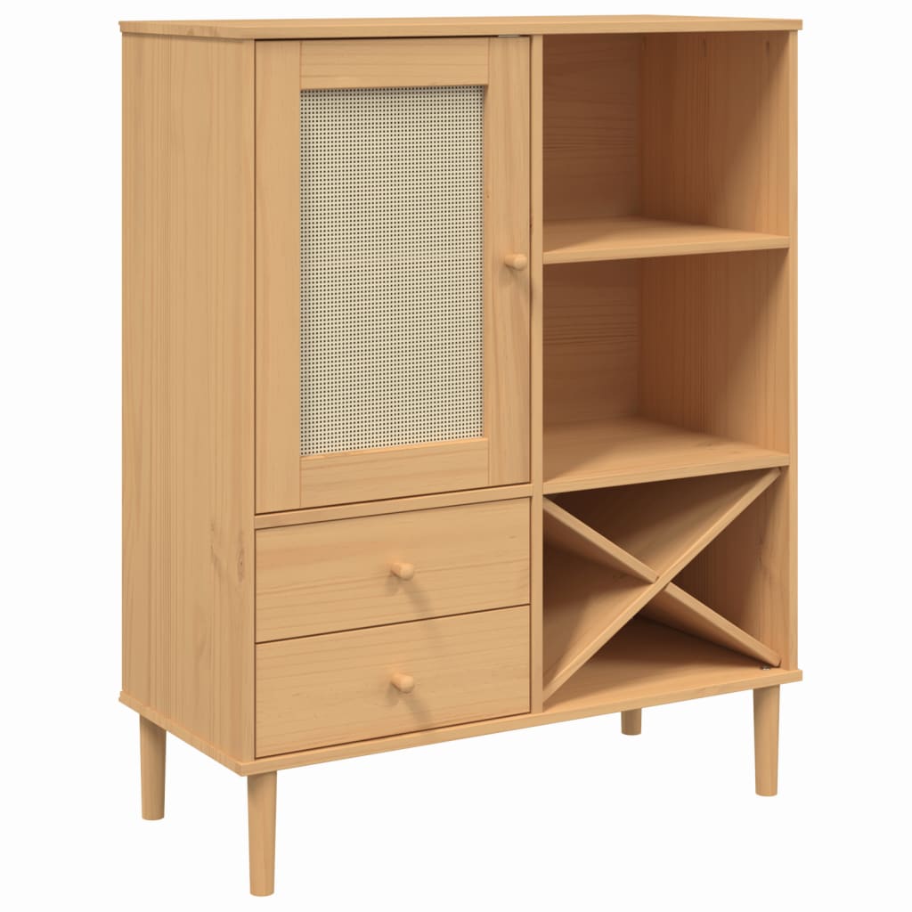 Credenza SENJA Aspetto Rattan Marrone 90x40x112cm Massello Pino