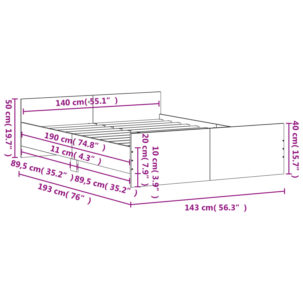 Cement Gray Bed Frame with Headboard and Footboard 140x190 cm