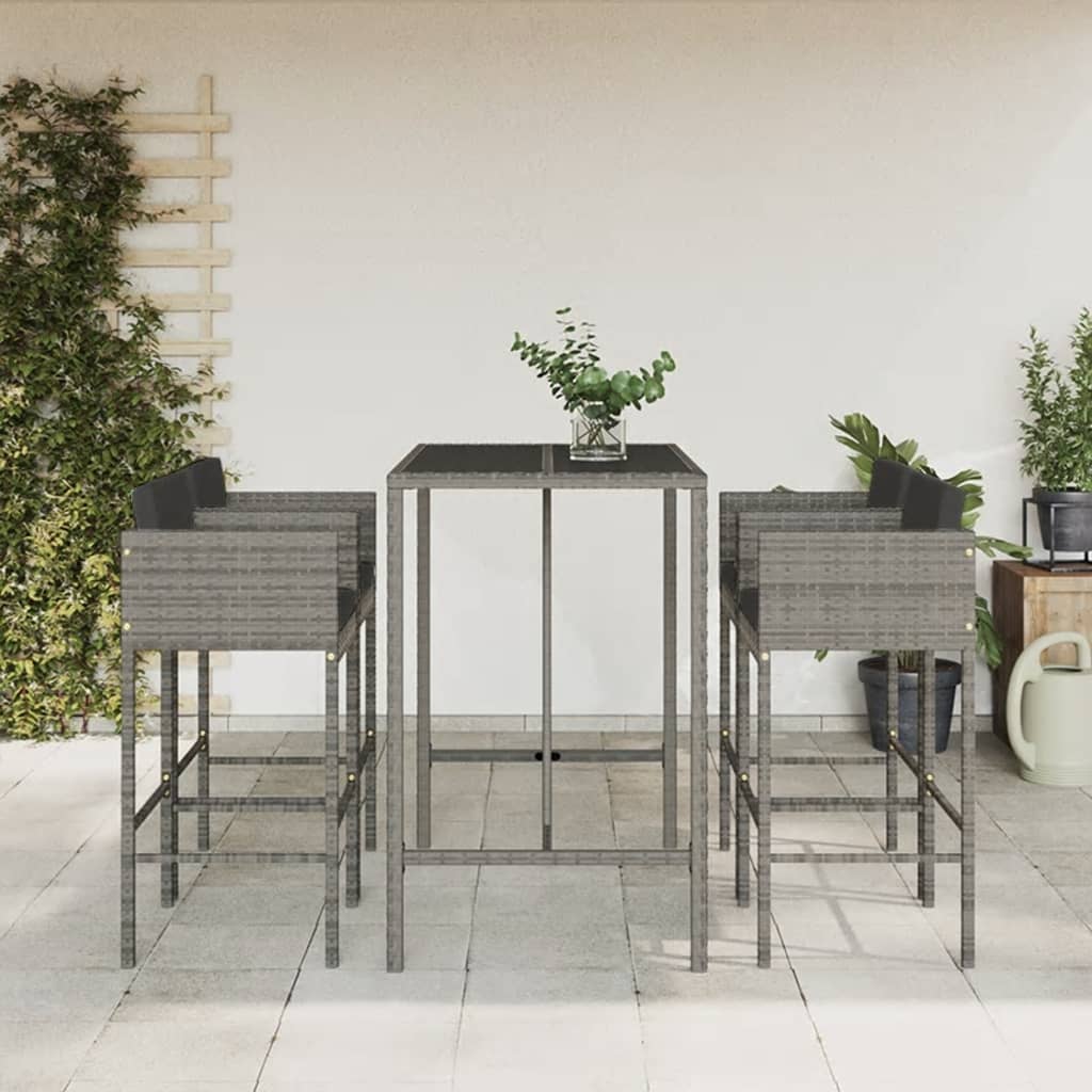 Set Bar da Giardino 5 pz con Cuscini in Polyrattan Grigio