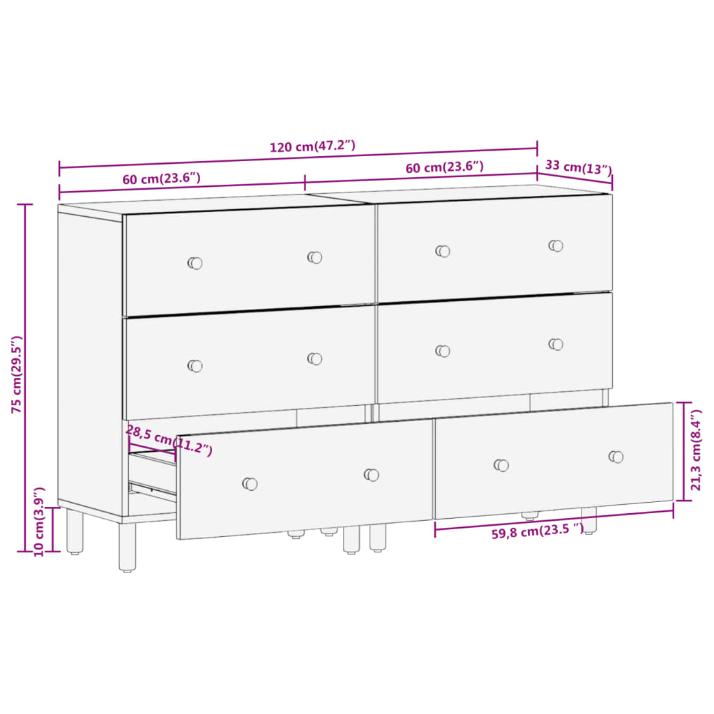 Credenze 2 pz Nero 60x33x75 cm in Legno Massello di Mango