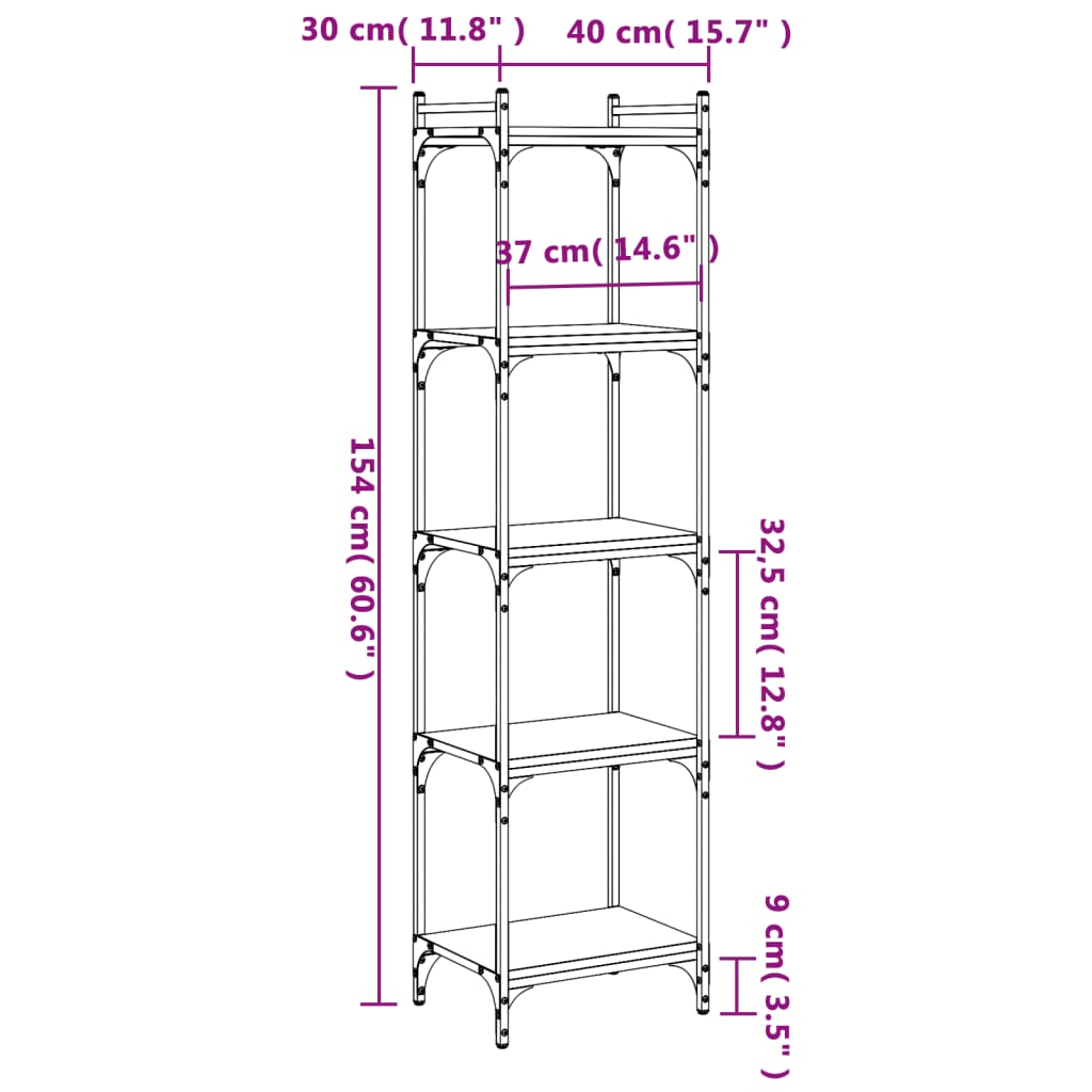 Libreria a 5 Ripiani Nera 40x30x154 cm in Legno Multistrato | homemem39