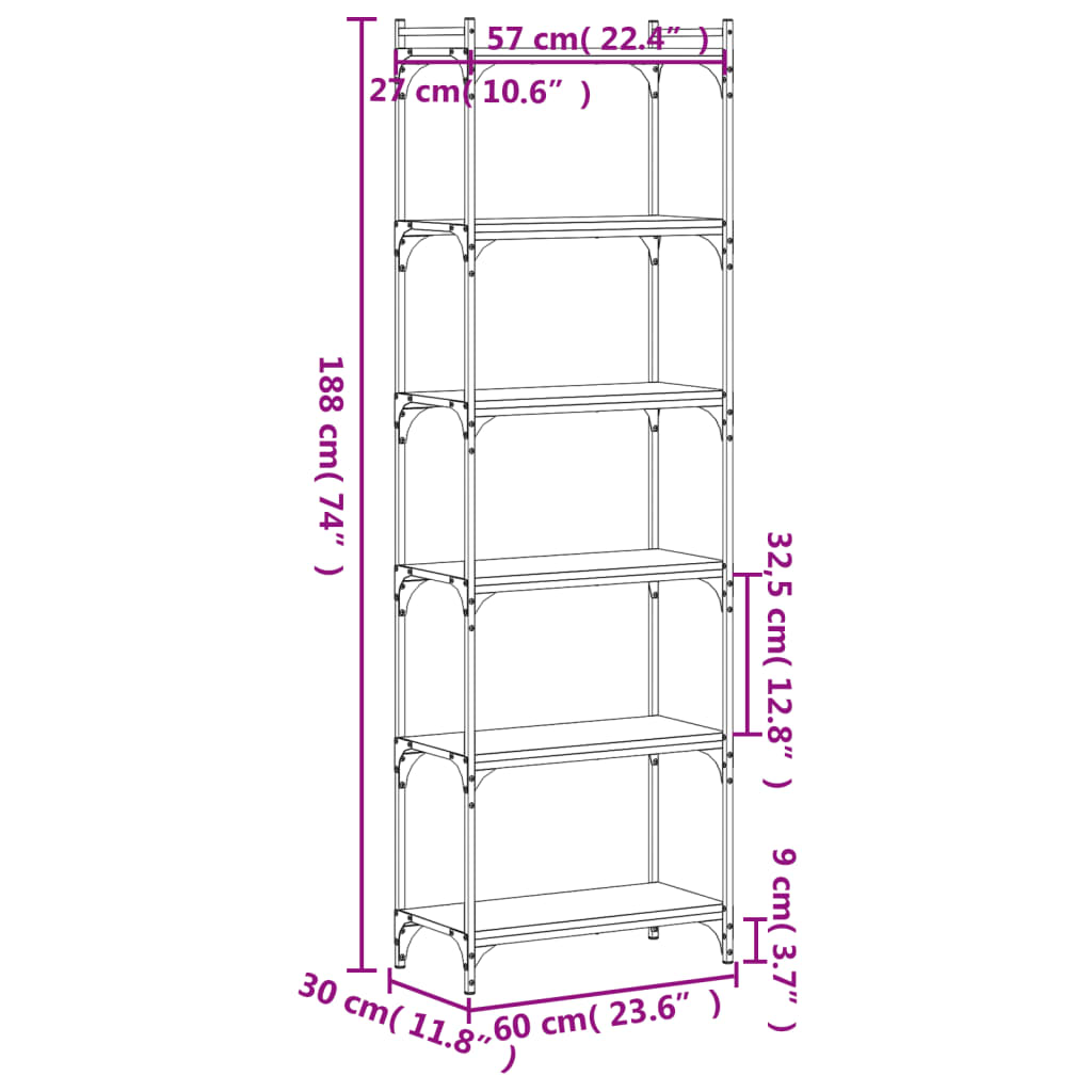 Libreria a 6 Ripiani Nera 60x30x188 cm in Legno Multistrato | homemem39