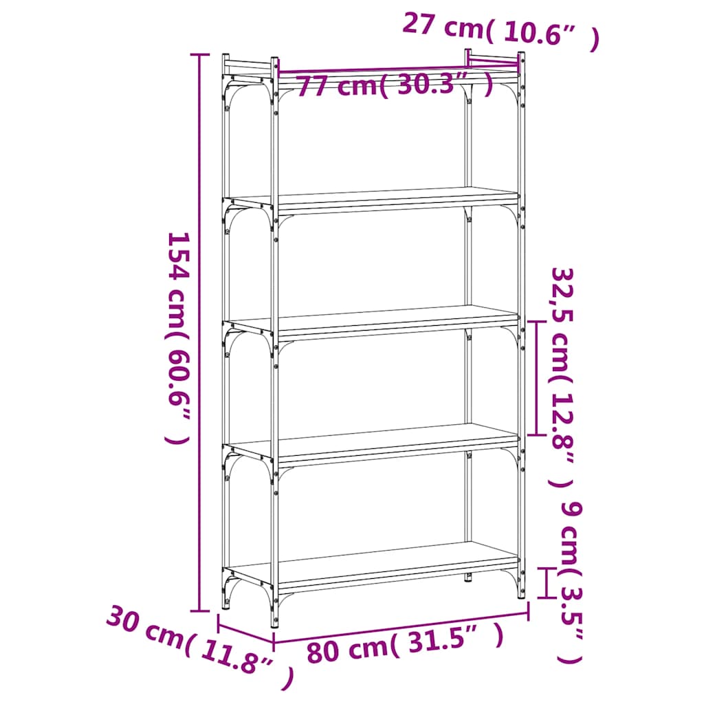 Libreria a 5 Ripiani Nera 80x30x154 cm in Legno Multistrato | homemem39