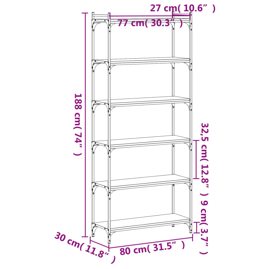 Libreria a 6 Ripiani Rovere Fumo 80x30x188 cm Legno Multistrato | homemem39