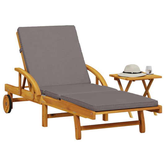 Sun lounger with cushion and coffee table in solid acacia wood