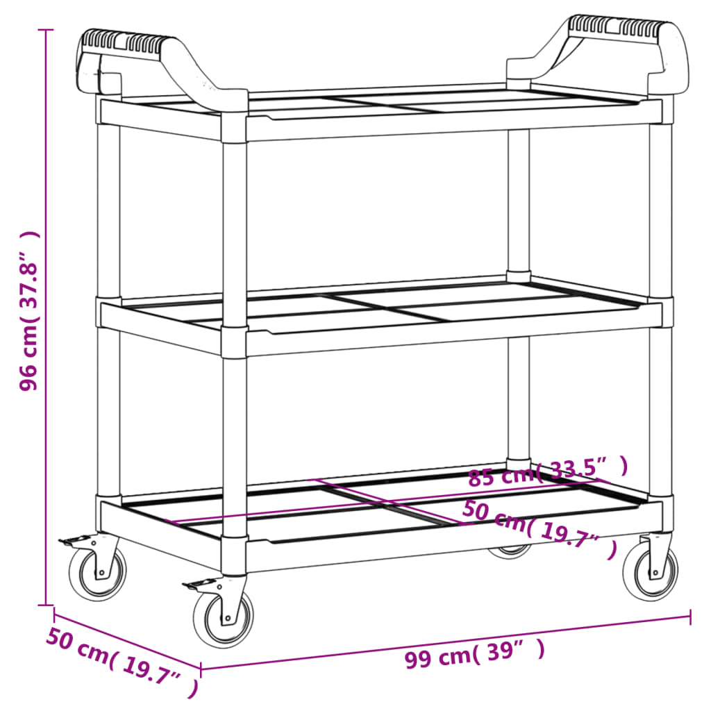 Trolley mit 3 schwarzen Regalen 99 x 50 x 96 cm aus Aluminium