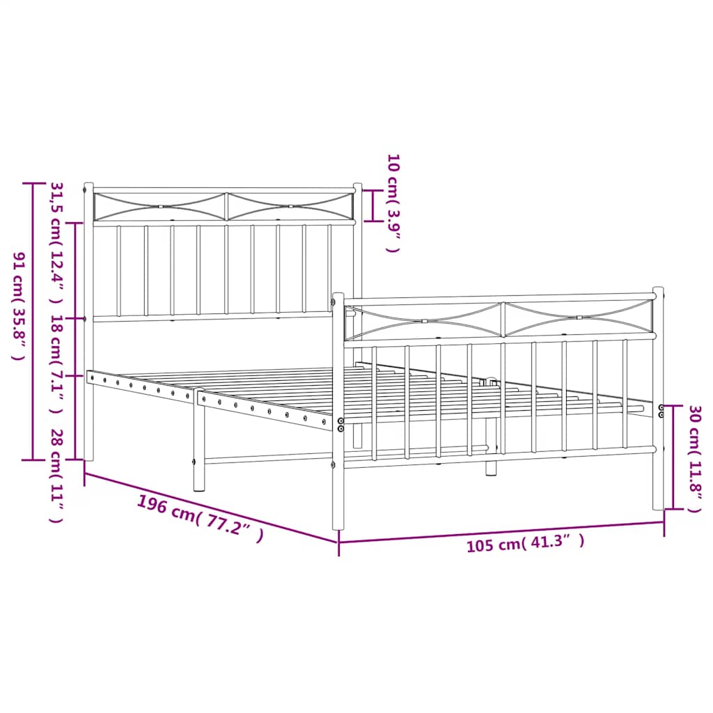 Giroletto con Testiera e Pediera Metallo Bianco 100x190 cm | homemem39