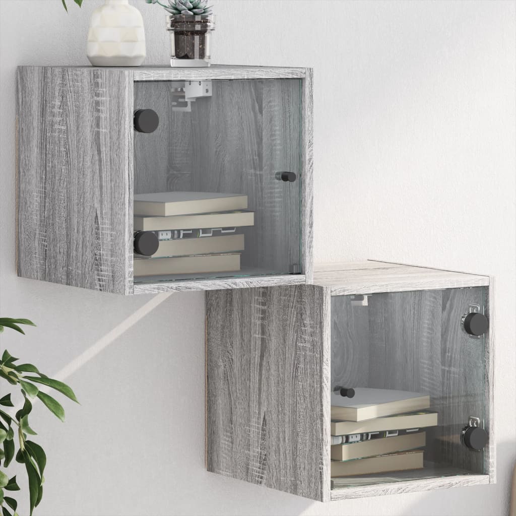 Comodini con Ante in Vetro 2pz Grigio Sonoma 35x37x35 cm - homemem39