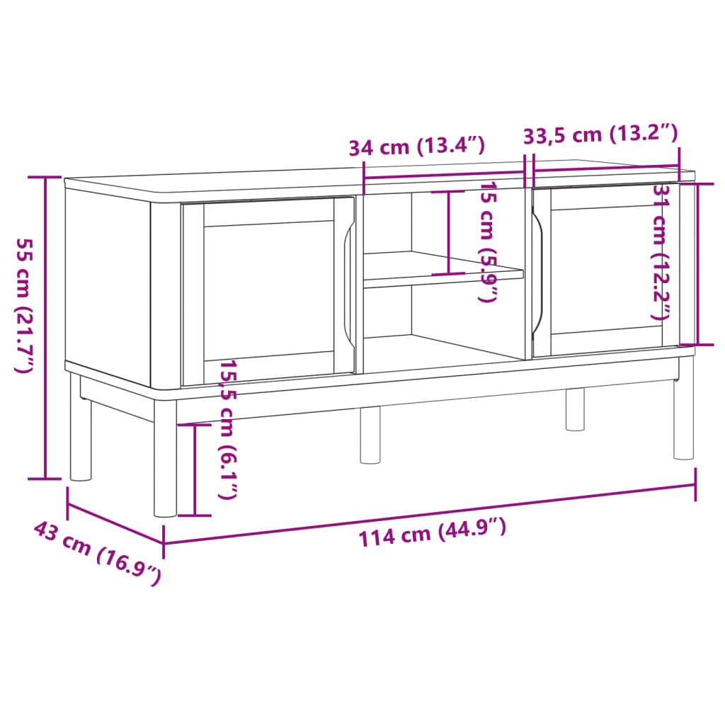 Mobile TV FLORO Bianca 114x43x55 cm in Legno Massello di Pino