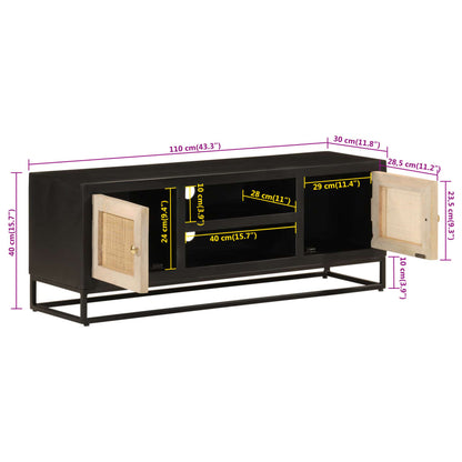 Mobile TV Nero 110x30x40 cm in Legno Massello di Mango e Ferro