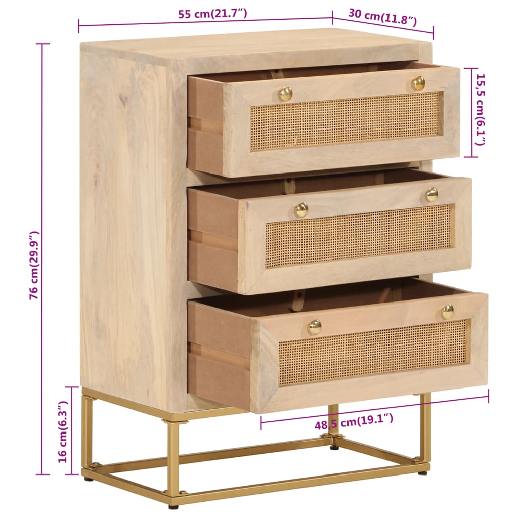 Cassettiera 55x30x76 cm in Legno Massello di Mango e Ferro