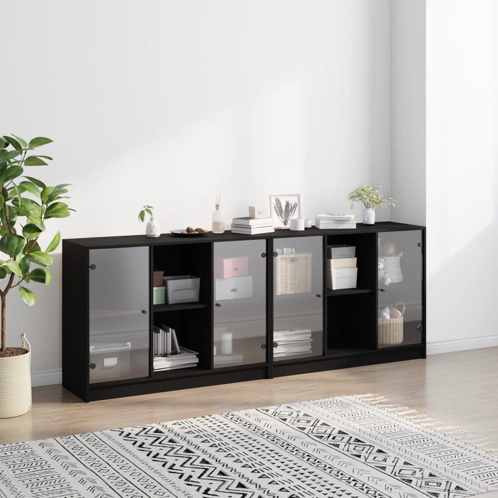 Libreria con Ante Nera 204x37x75 cm in Legno Multistrato - homemem39