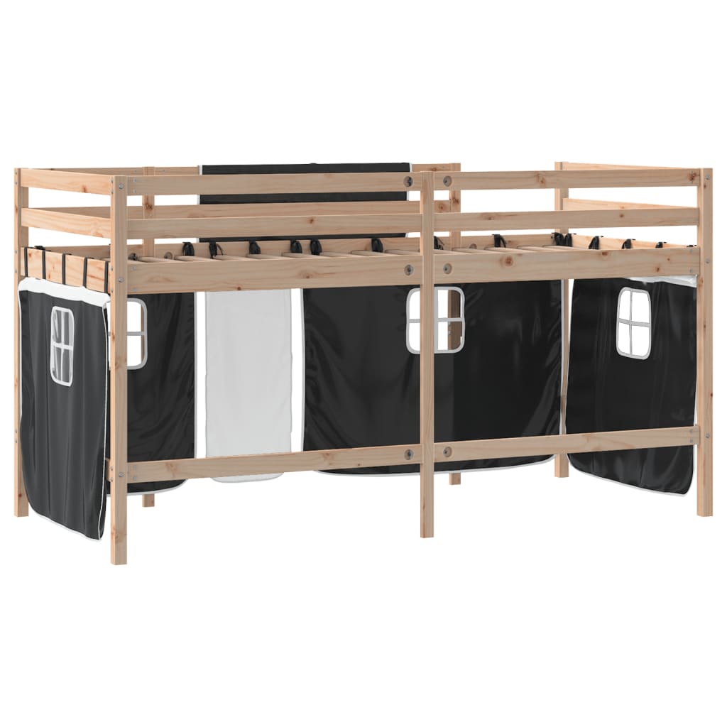 Letto a Soppalco con Tende Bambini Bianco e Nero 80x200 cm Pino