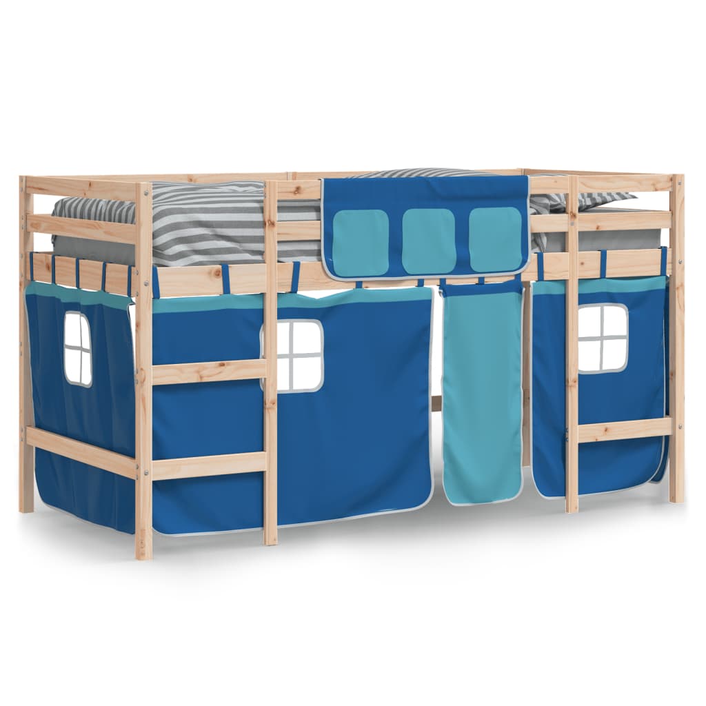 Letto a Soppalco con Tende Bambini Blu 80x200 cm Massello Pino - homemem39