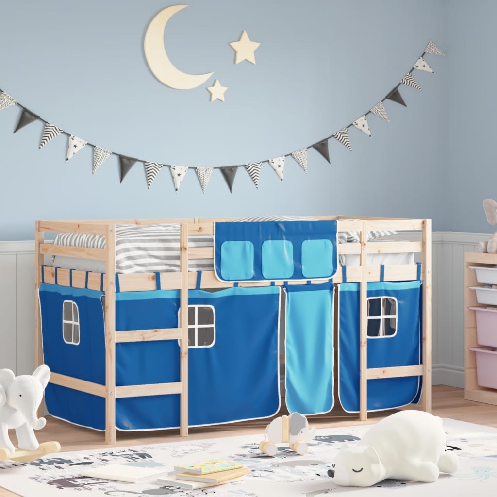 Letto a Soppalco con Tende Bambini Blu 80x200 cm Massello Pino - homemem39