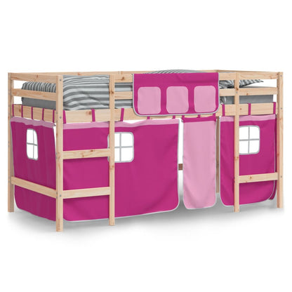 Letto a Soppalco con Tende Bambini Rosa 80x200 cm Massello Pino