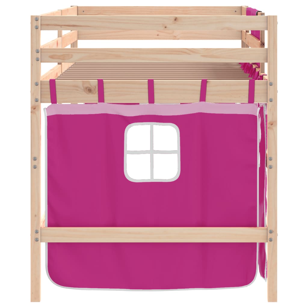 Letto a Soppalco con Tende Bambini Rosa 80x200 cm Massello Pino